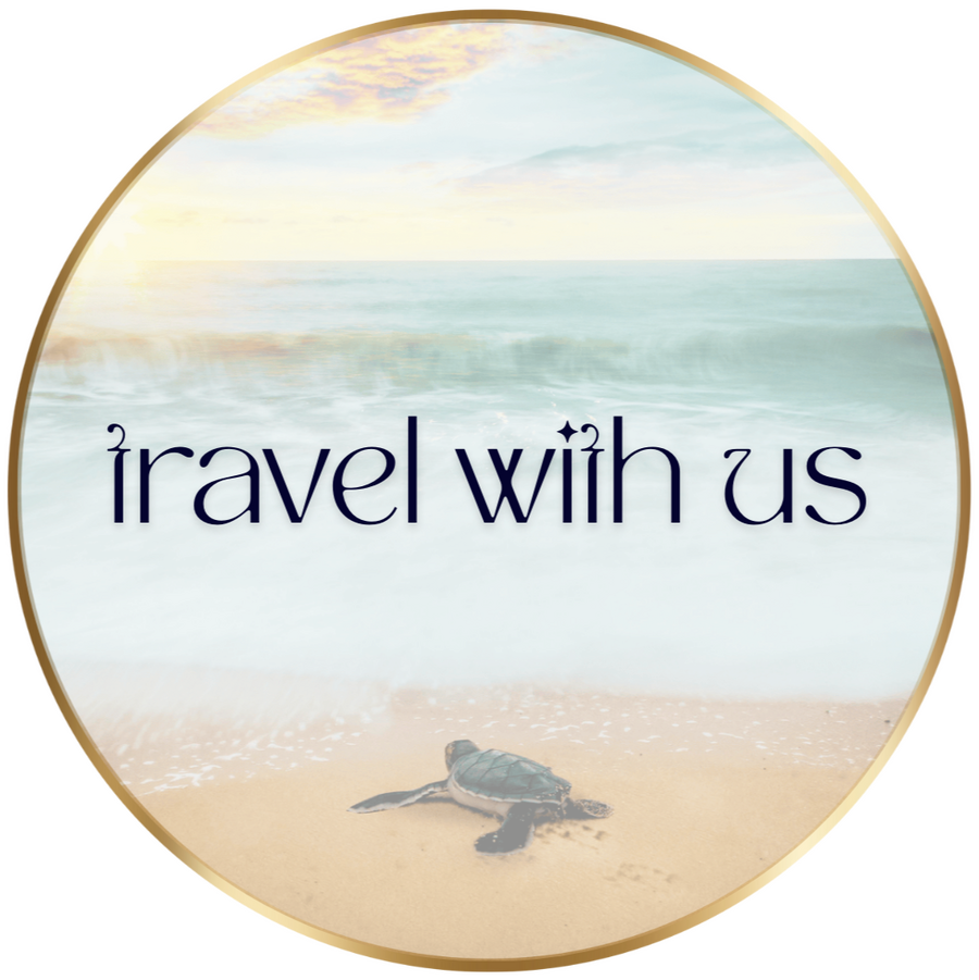 image of a turtle moving into the sea - and text overlay of 'travel with us'